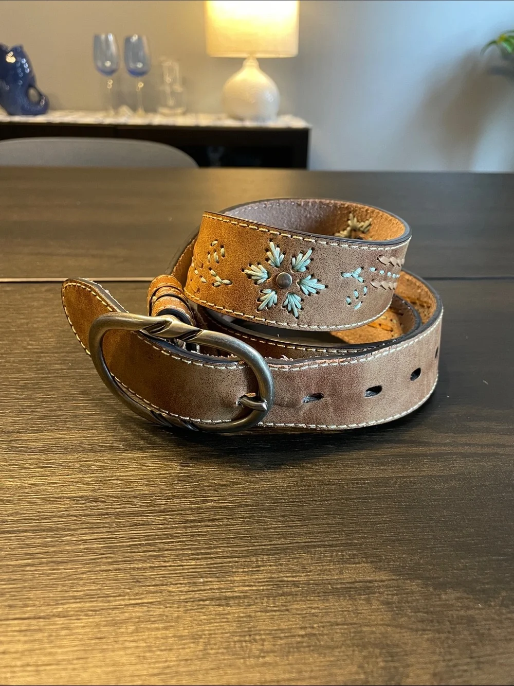 Embroidered Suede Brown Belt with Turquoise Accents